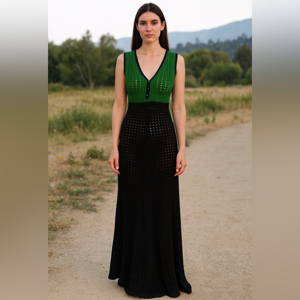 The Third Eye‎ Green and Black Crochet Open Knit Colorblock Unique Maxi Dress, 1